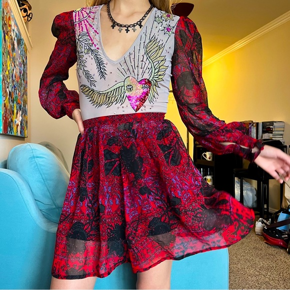 FREE PEOPLE BALI THROUGH THE FLOWERS 2 PUECE BODYSUIT SHEER SKIRT SET - Picture 2 of 8